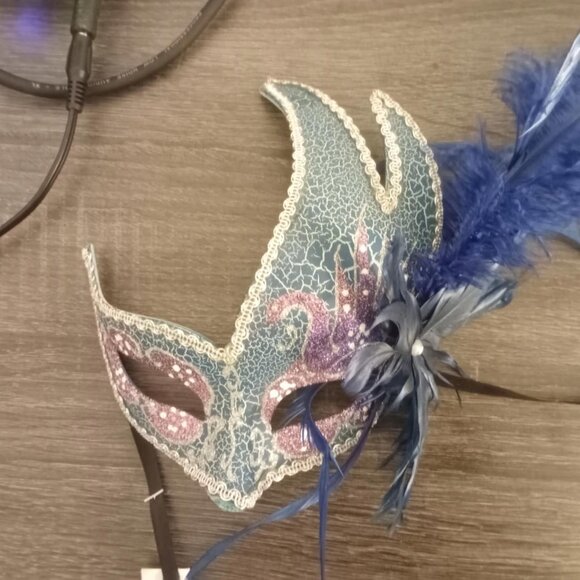 Blue & Silver Feather Masquerade Mask | Venetian Ice Queen Halloween Costume - Picture 2 of 3